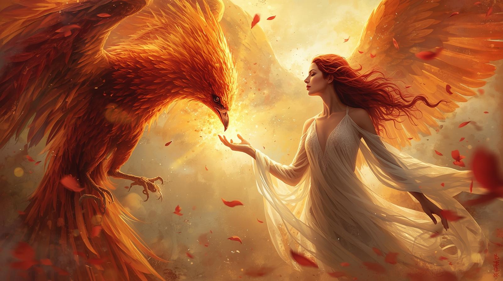 mujer peliroja con un vestido blanco interactando con un ave fenix no muestres el rostro de la mujer